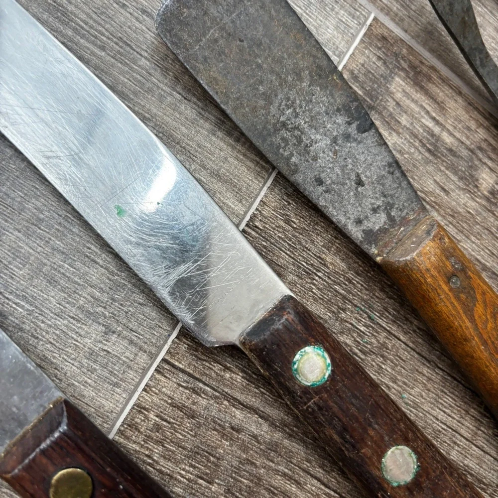 Vintage Wood Handle Kitchen Knife Set Cleaver Slicer Forks Quikut Flint 6pc